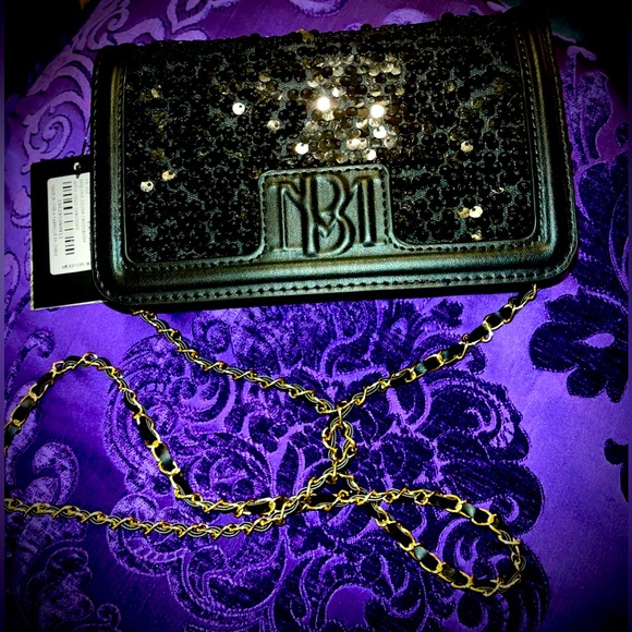 Badgley Mischka Black Sequins Cover Crossbody Bag Purse Wallet - Picture 11 of 13